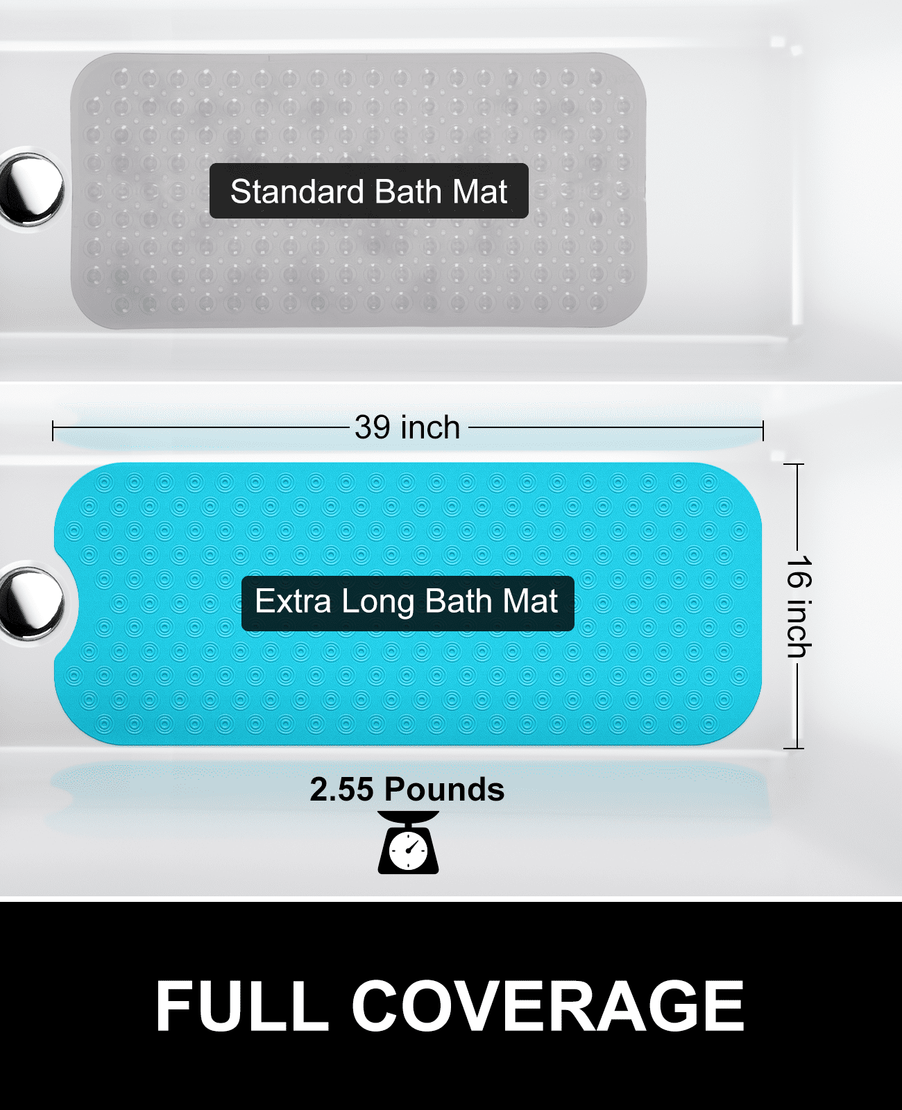 OTHWAY No Suction Cup Bath Mat: 39x16inch Extra Long Bathmat, Machine Washable, Made of Nature Rubber, Protect Your Bathtub (Dark Blue)