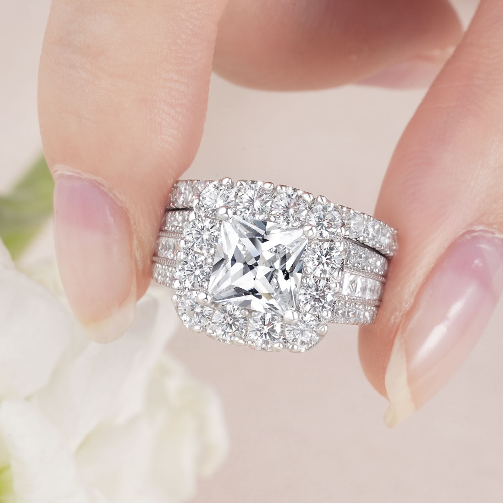 SHELOVES Vintage Style Princess Halo AAAAA CZ Wedding Engagement Ring Sets for Women 925 Sterling Silver Size 7