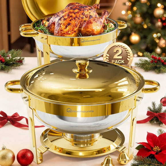 WARMOUNTS Gold Chafing Dishes for Buffet 2 Pack, 5QT Stainless Steel Round Chafers and Buffet Warmers Sets with Lid Holder, Rolled Rim Process, Stack