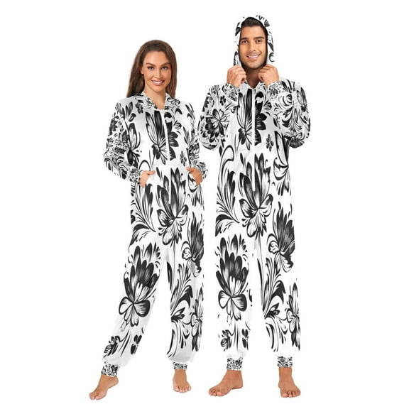 Onesie Jumpsuits For Men&Women Winter One Piece Zipper Pajamas Playsuit Flower Elements