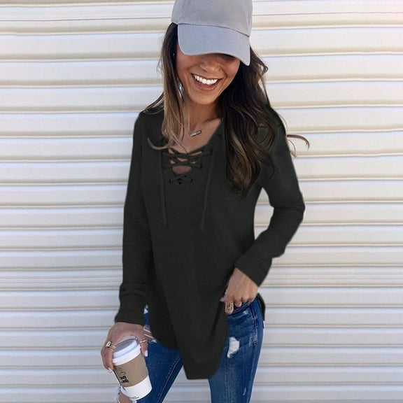 Ichuanyi Fall Tops for Women 2022 Fashion Sexy Women Casual Solid Long Sleeve V-Neck T-Shirt Sweatshirt Tops