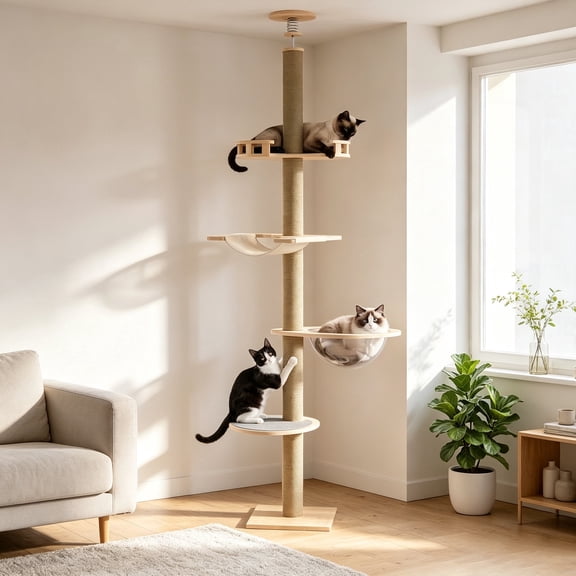 Oswerpon 93.3-113'' Floor to Ceiling Cat Tree,4 Tier Adjustable Height Cat Tower,Wood Climbing Tree with Scratching Post,for Multi Pet