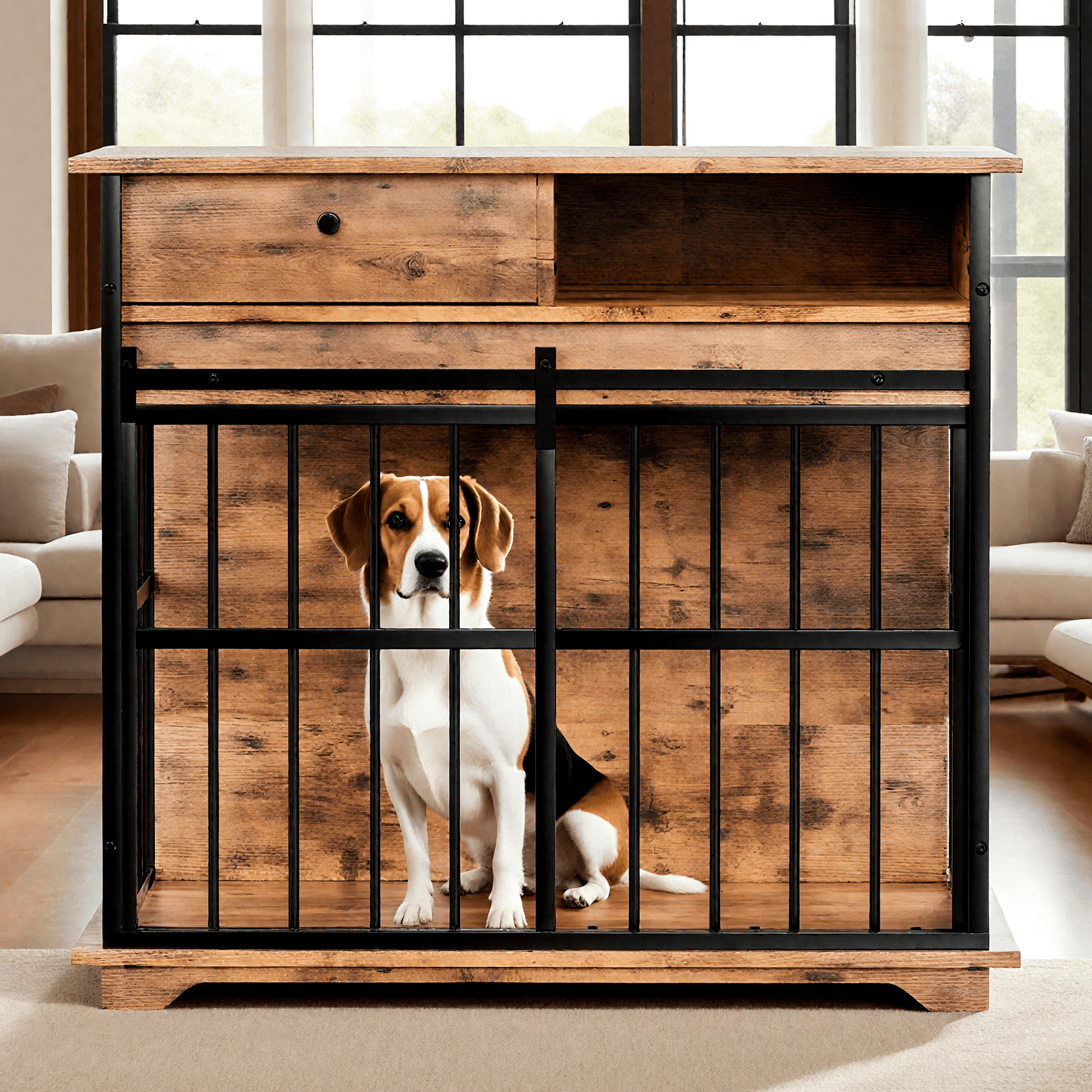 Large Dog Crate Furniture with Drawer & Side Storage, 35.4" Wooden Dog Kennel with Metal Cage & Removable Tray for Medium Large Dogs, Walnut Finish