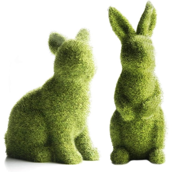 Flocked Easter Bunny Statues Moss Bunny Figurine Easter Rabbit Ornament for Garden Decor 1Set 2PCS Spring Decor