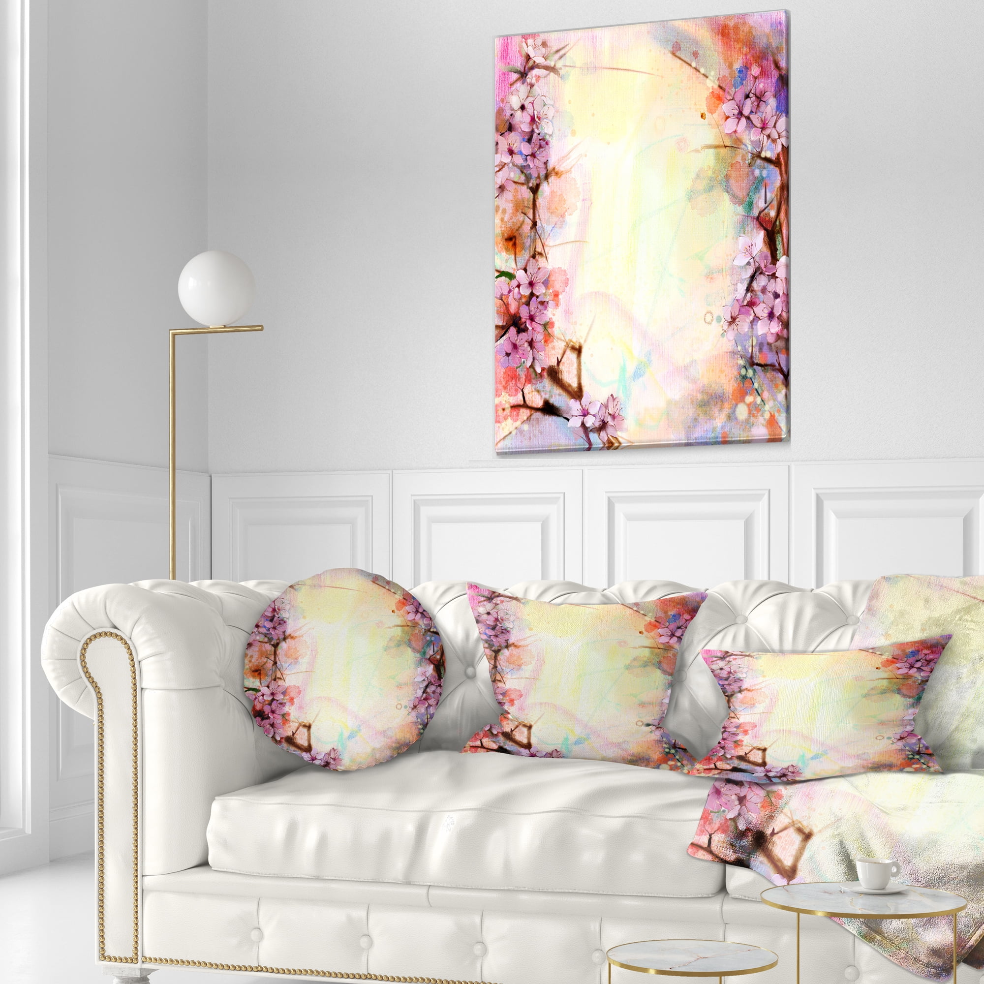 Designart Pink Sakura on Blurred Background - Floral Throw Pillow - 12x20