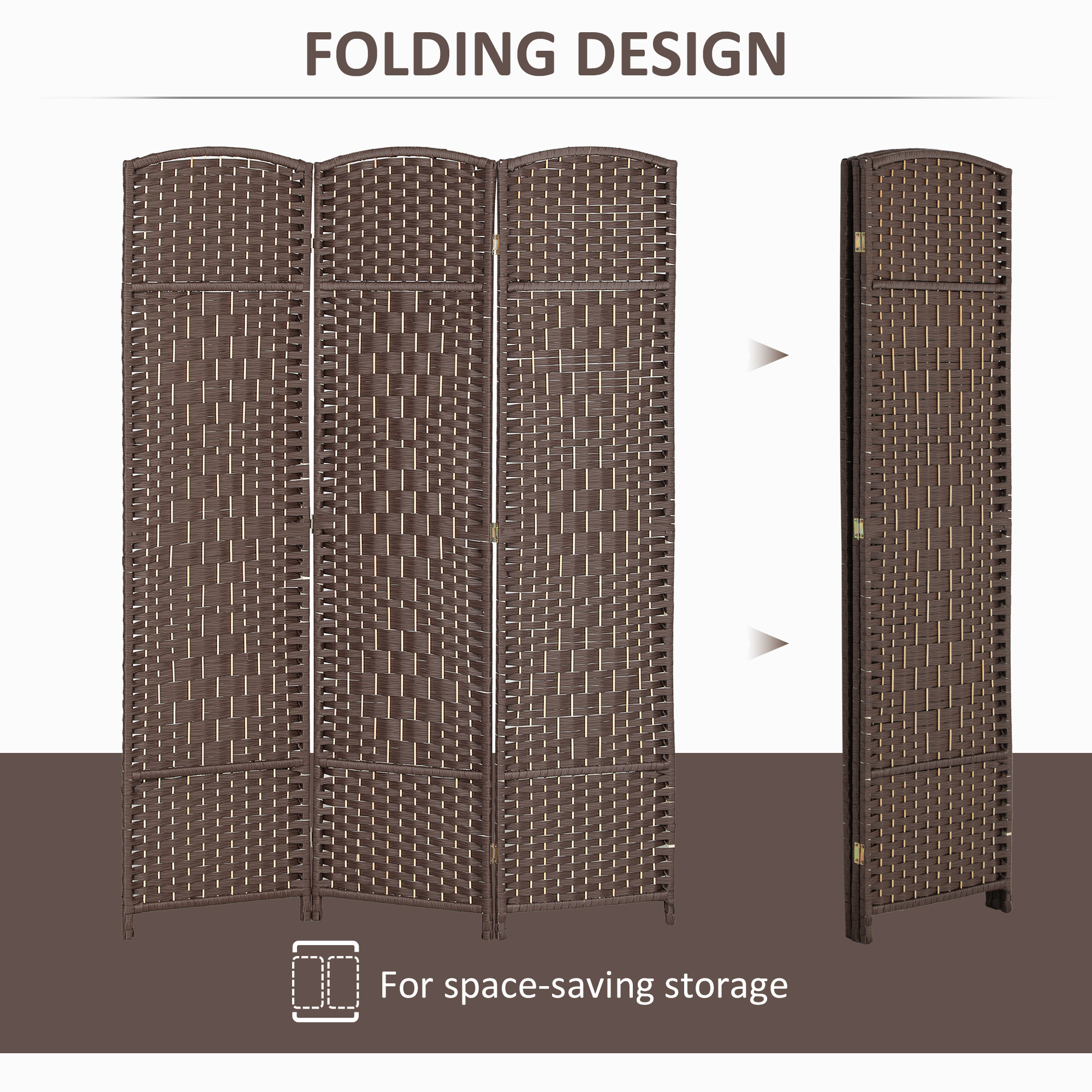 HOMCOM 3 Panel Room Divider, 6' Tall Folding Privacy Screen, Hand-Woven Freestanding Wood Partition for Home Office, Bedroom, Brown