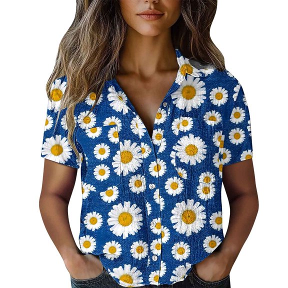 QIJUNTUO Short Sleeve Shirts for Somen Women Cotton Shirt Printed Fashion Down Shirts Casual Tops Short Sleeve Blouse