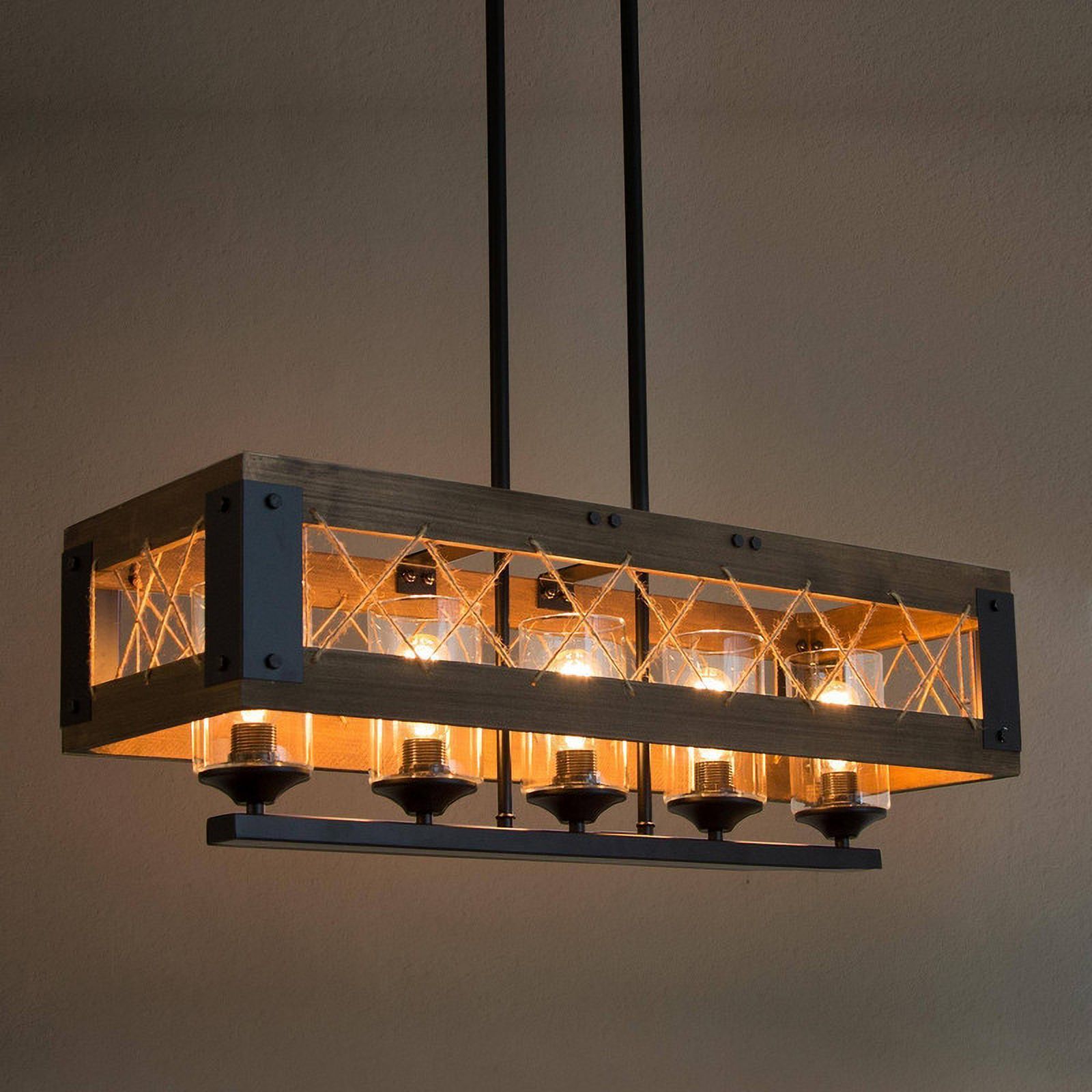 LNC 5-Light Farmhouse Rectangular Chandelier, Wood and Matte Black Island Light with Glasss