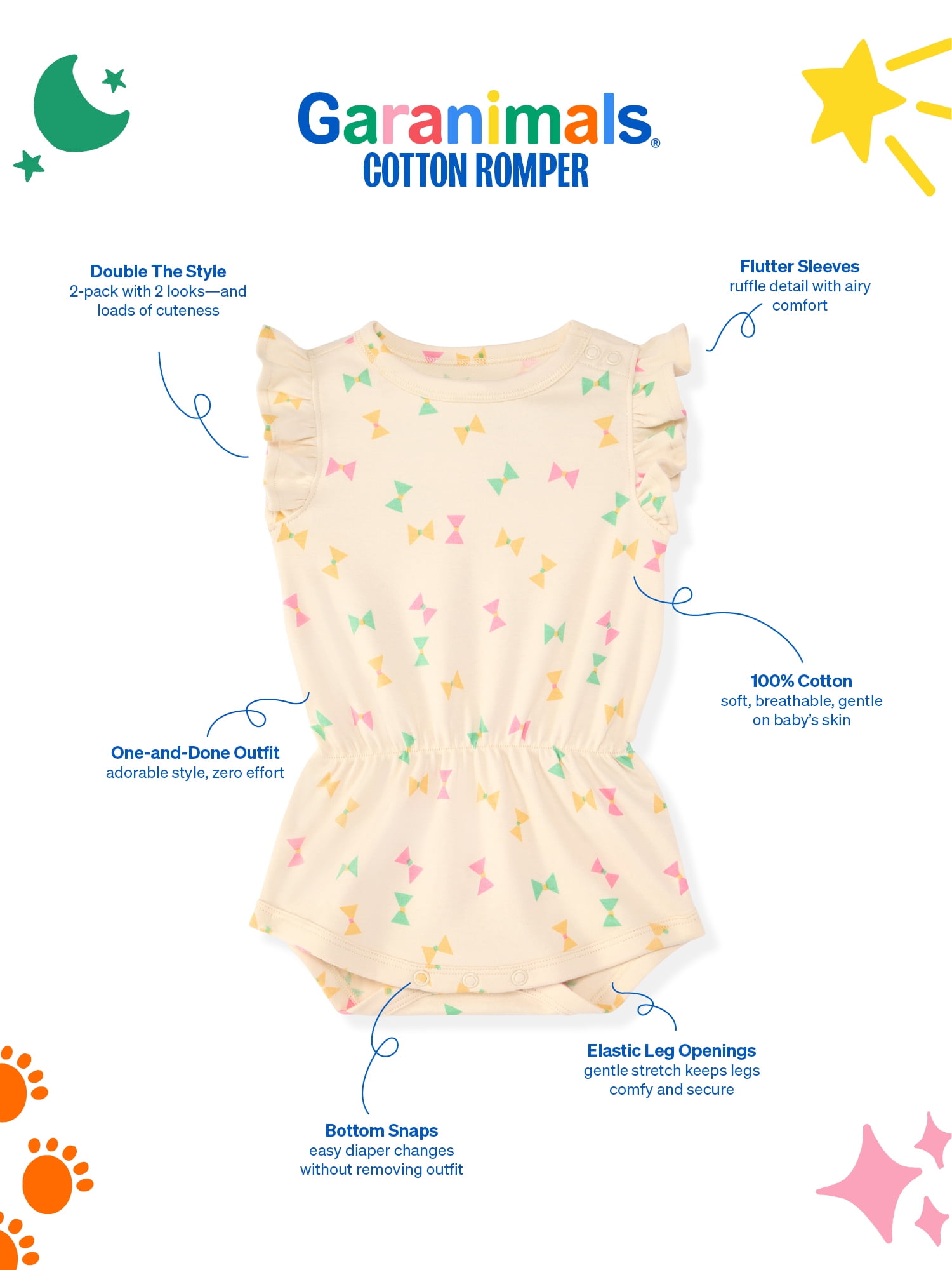 Garanimals Baby Girl Rompers 100% Cotton Flutter Sleeve 2-Pack Sizes 0-24M