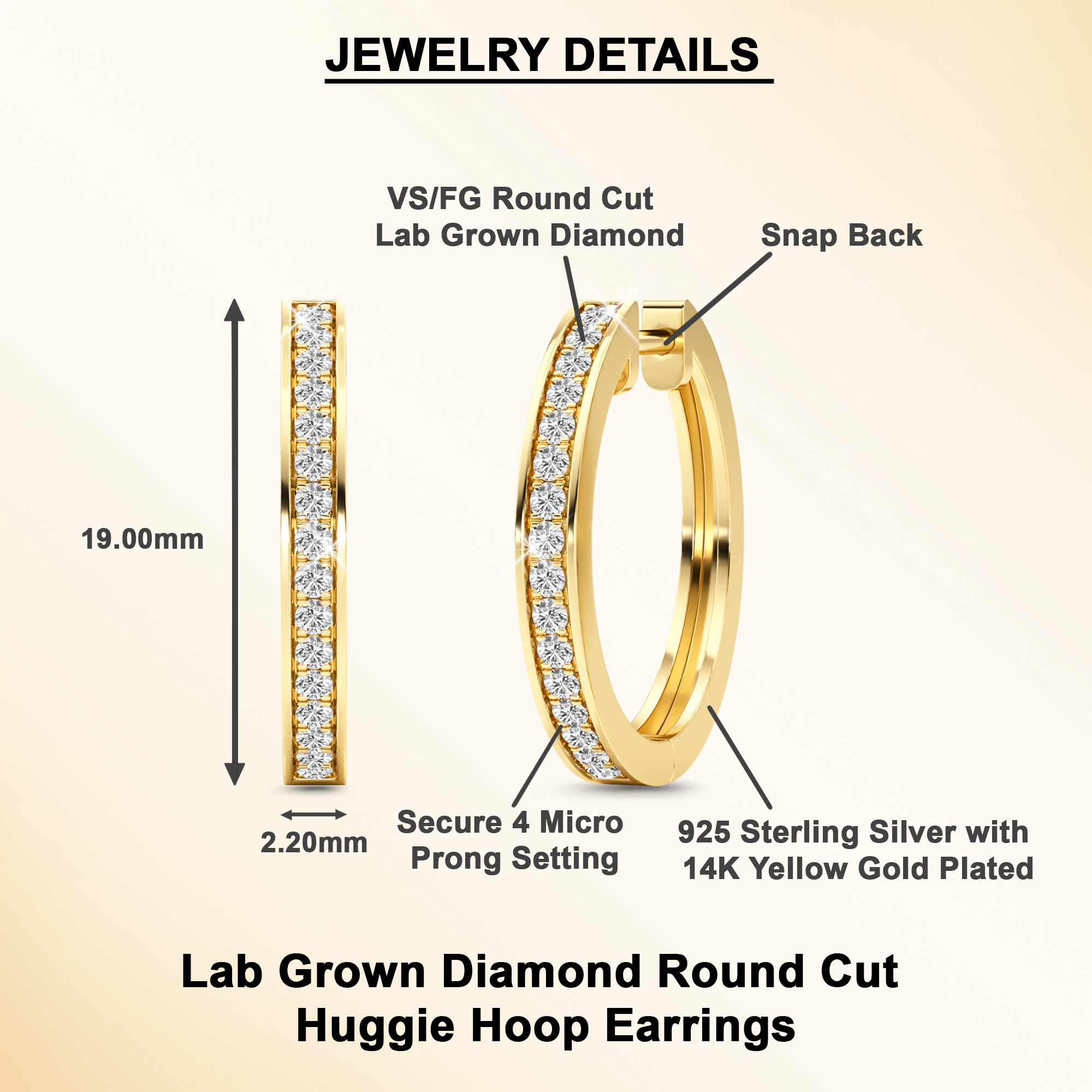 DewberryDiamonds 1/3 Ct Round Cut IGI Certified Lab Grown Diamond 14k Yellow Gold Plated 925 Silver Hoop Earrings for Women (Clarity: VS, Color: EF)