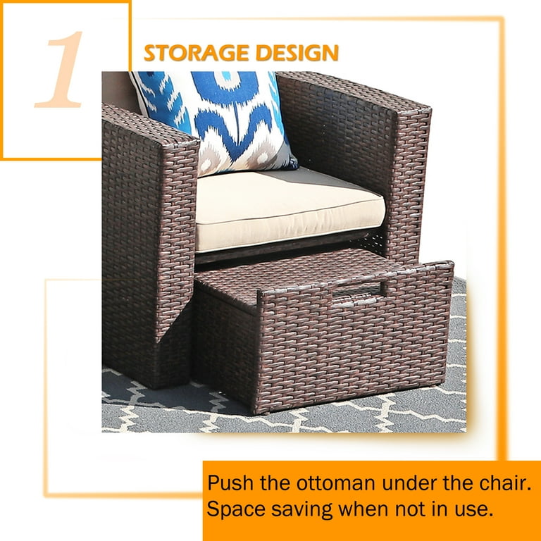 JOIVI 5 Pieces Patio Furniture Set Outdoor Brown PE Rattan Wicker Patio Conversation Set Lounge Chairs with Cushioned Ottoman and Tempered Glass