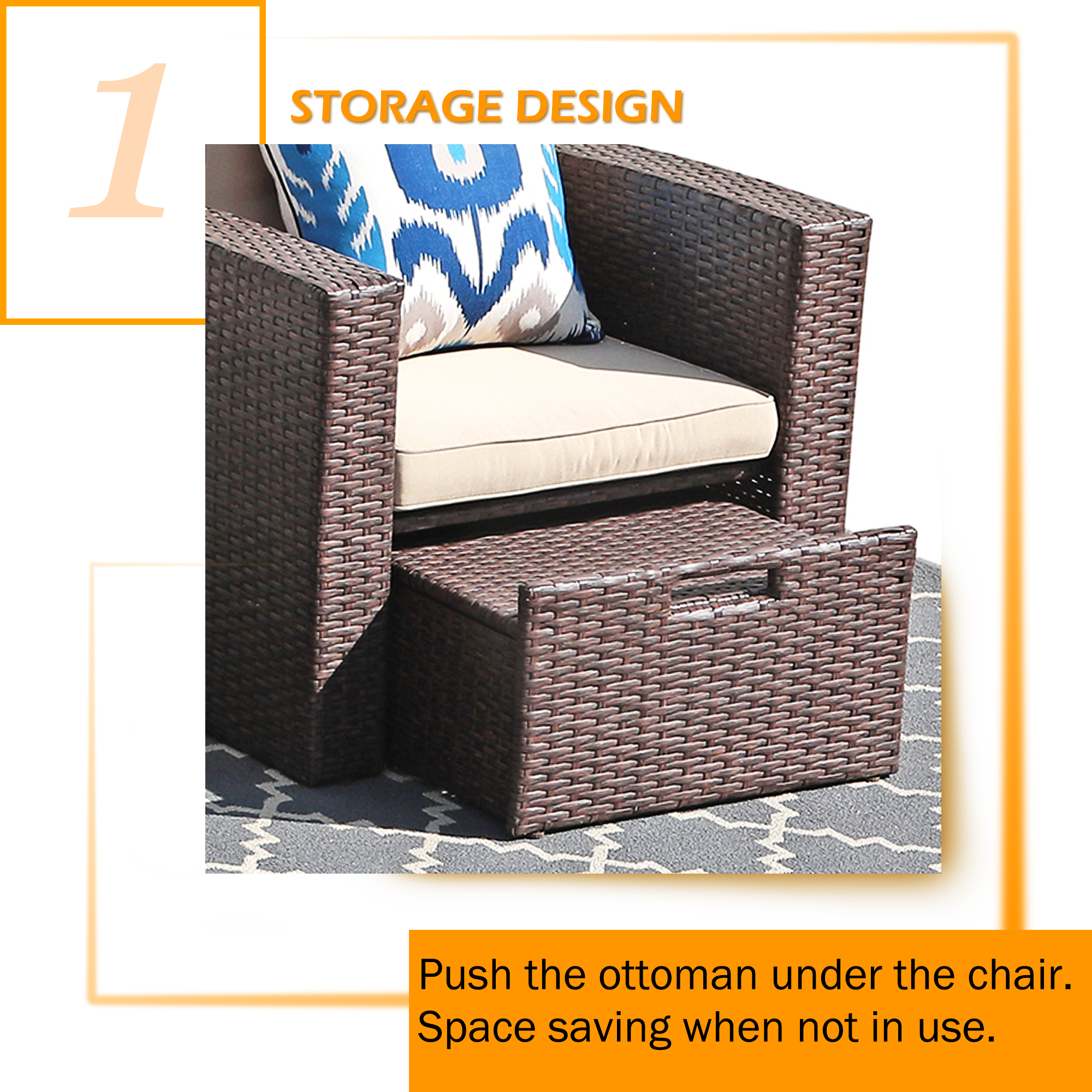 JOIVI 5 Pieces Patio Furniture Set, Outdoor Brown PE Rattan Wicker Patio Conversation Set, Lounge Chairs with Cushioned Ottoman and Tempered Glass Side Table - image 3 of 9