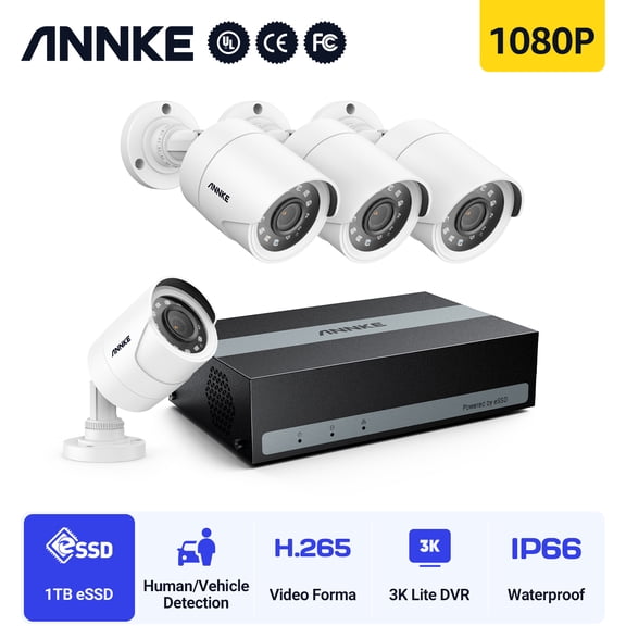 ANNKE Security Camera System, 3K Lite 5-in-1 H.265  8CH eDVR with (4) 1080p (2MP) Weatherproof Surveillance Wired Cams, AI Human/Vehicle Detection, 100ft Night Vision, Email Alert