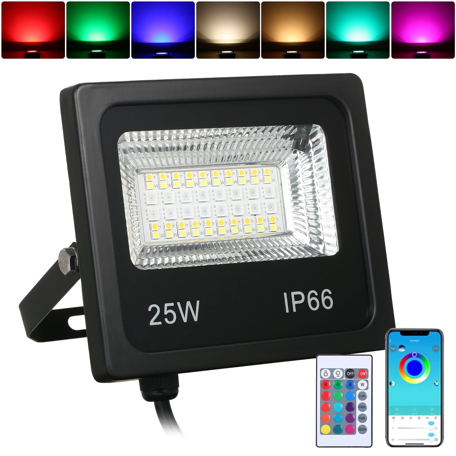 BIMZUC Smart RGBCW LED Flood Light Outdoor Lamp, 25W 56LEDs IP66 Waterproof Bluetooth Stage Lighting with Remote Controller App Control for Backyard Patio Garden Party (25W / 6.89 in)