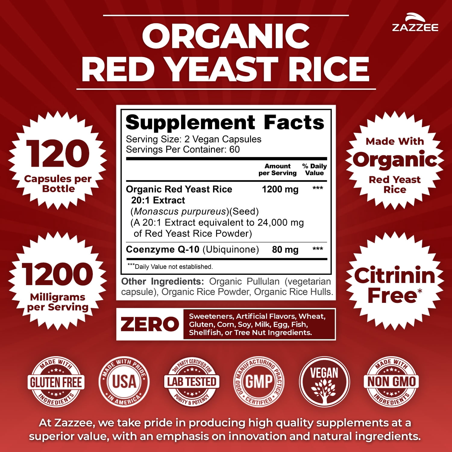 Zazzee Organic Red Yeast Rice 1200 mg – Supports Heart Health & Cholesterol – 20:1 Extract