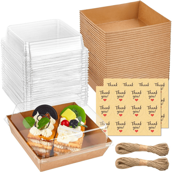 YSTDHL 20 Pack Paper Charcuterie Boxes with Clear Lids, Disposable To Go Food Containers for Cookies, Cupcakes, Muffins, Slice Cakes, Cocoa Bombs and Strawberries (Brown)