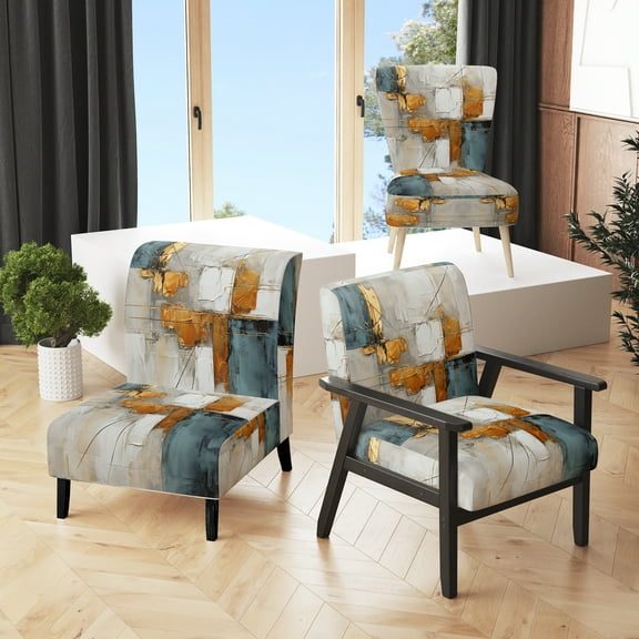 Designart "Gleaming Geometry Gold Grey painting IV" Gold Abstract Collages Upholstered Accent Chair - Modern Arm Chair For Bedroom