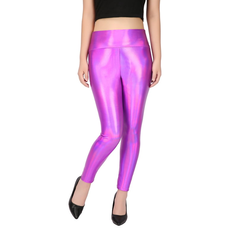 HDE Women's Shiny Holographic Leggings Liquid Metallic Pants