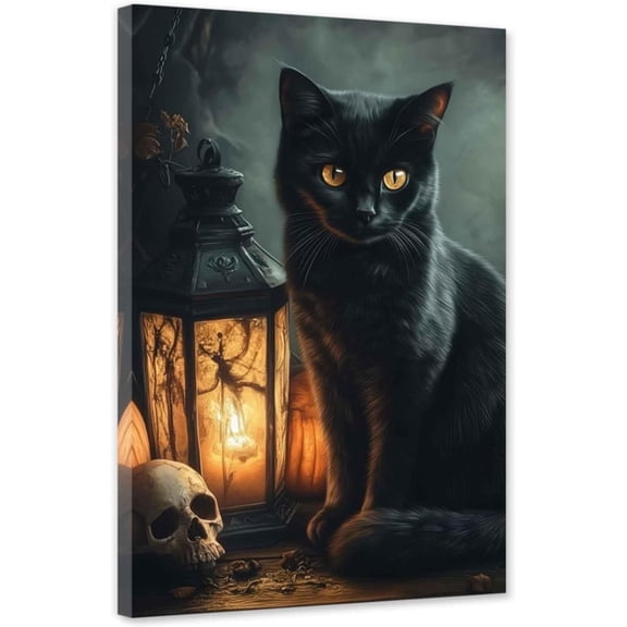 ZHONGYUTONG Black Cat Canvas Wall Art Black Cat Picture Skeleton Skull Print Halloween Painting for Living Room Decor Framed (12.00" x 18.00")