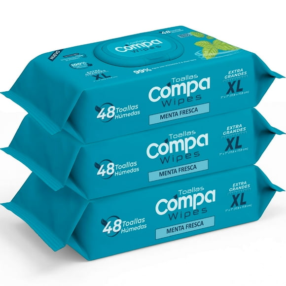 Compa Wipes Toallitas Húmedas para Adulto, 100% Seguras para Desechar por el Inodoro NO Obstruyen el Drenaje, Toallitas Tamaño Extra Grande, Sin Aroma (3 Paquetes)