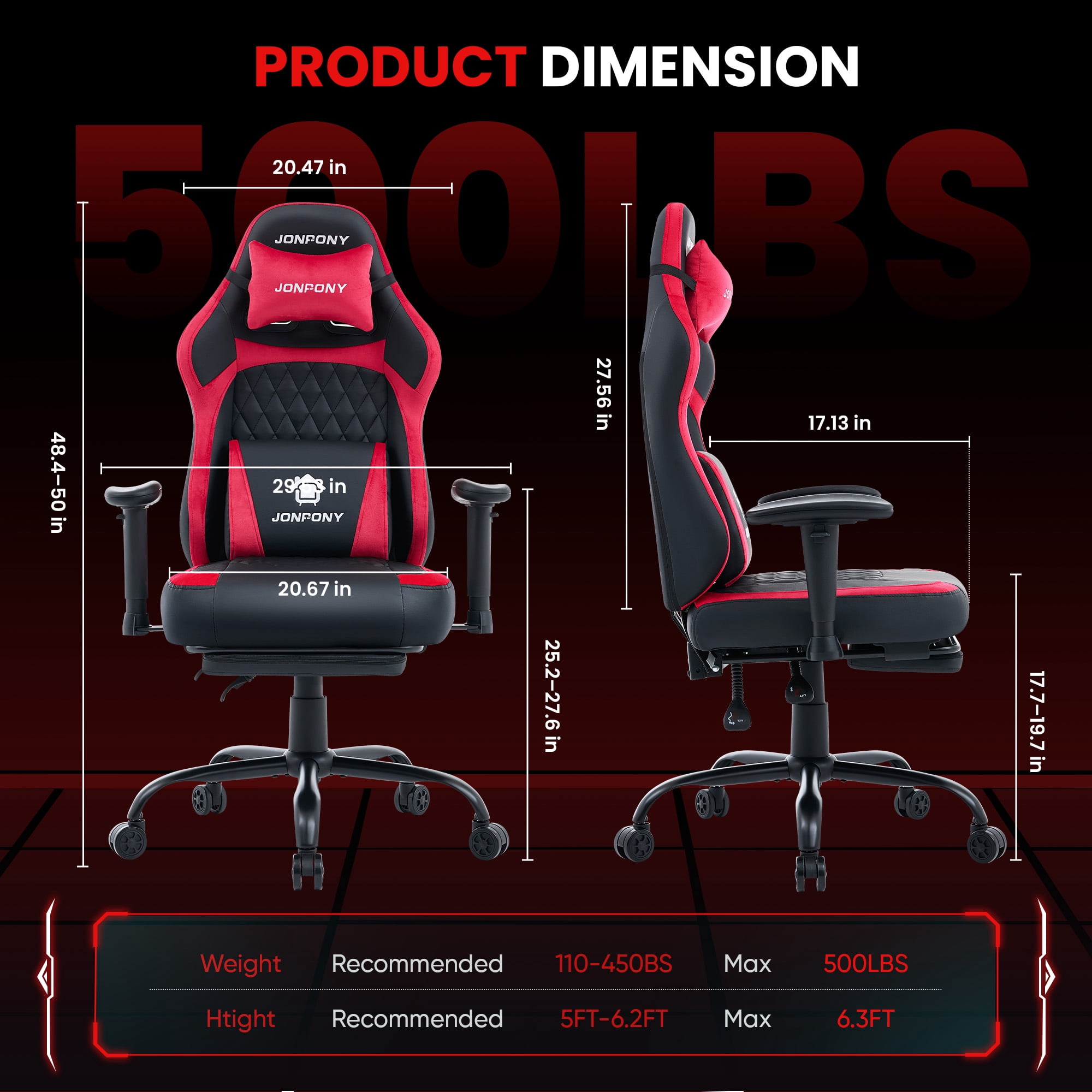 JONPONY Big and Tall 500LBS Ergonomic Gaming Chair, High Back Office Chair with Wide Wingless Seat and Thick Cushion, Comfortable Leather  Computer Chair Support Long Sitting,2D Armrests,Red