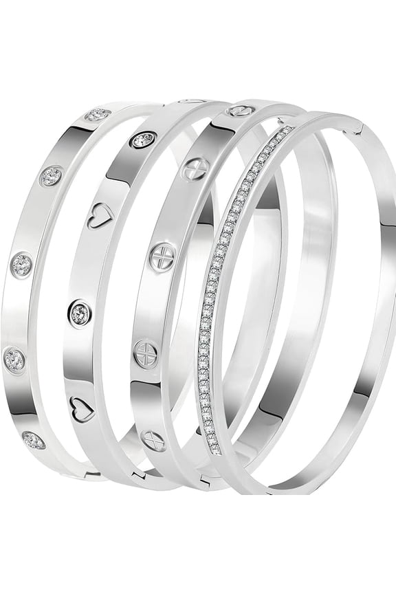 Stainless Steel Bangle Bracelet Set for Women - Silver/Gold Love Bangle Non Tarnish Jewelry with Sparkling Crystal Inlay for Love Gifts