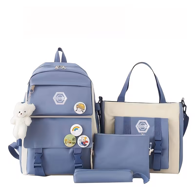 5-Piece Hiking and Casual Daypack Set, Cute Student Backpack with Tote Bag and Pencil Case, Durable Student Backpack with Free Coin Purse