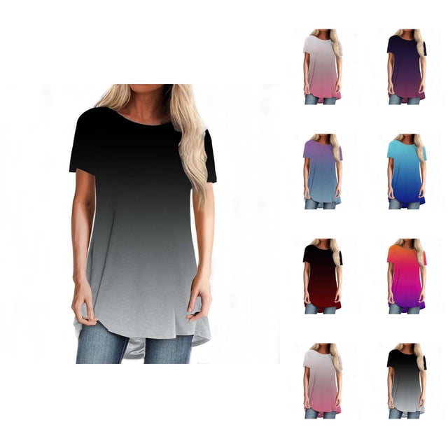 Gradient Color Womens T Shirts 2026 Summer Fashion Short Sleeve Crewneck Loose Tees Tunic Top