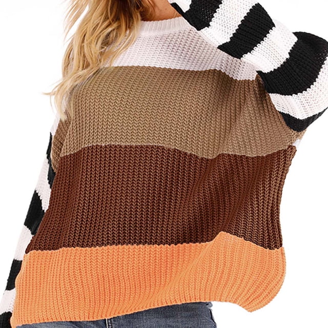 Women's Ribbed Sweaters Women's Fashion Long Sleeves Round Neck Color Matching Loose Tops Blouse Knitted Sweater Oversized Long Sleeve Pullover S-200 Brown XL