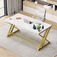thumbnail image 6 of LVB White and Gold Desk, Modern Wood Home Office Computer Desk, Metal Study Executive Writing Table for Gaming Writing Work, Farmhouse Simple Compact Student PC Desk for Bedroom, 55 Inch, 6 of 18