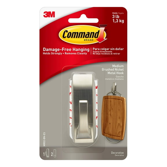 Command Hook, Medium, Brushed Nickel, 1 Hook, 2 Strips/Pack