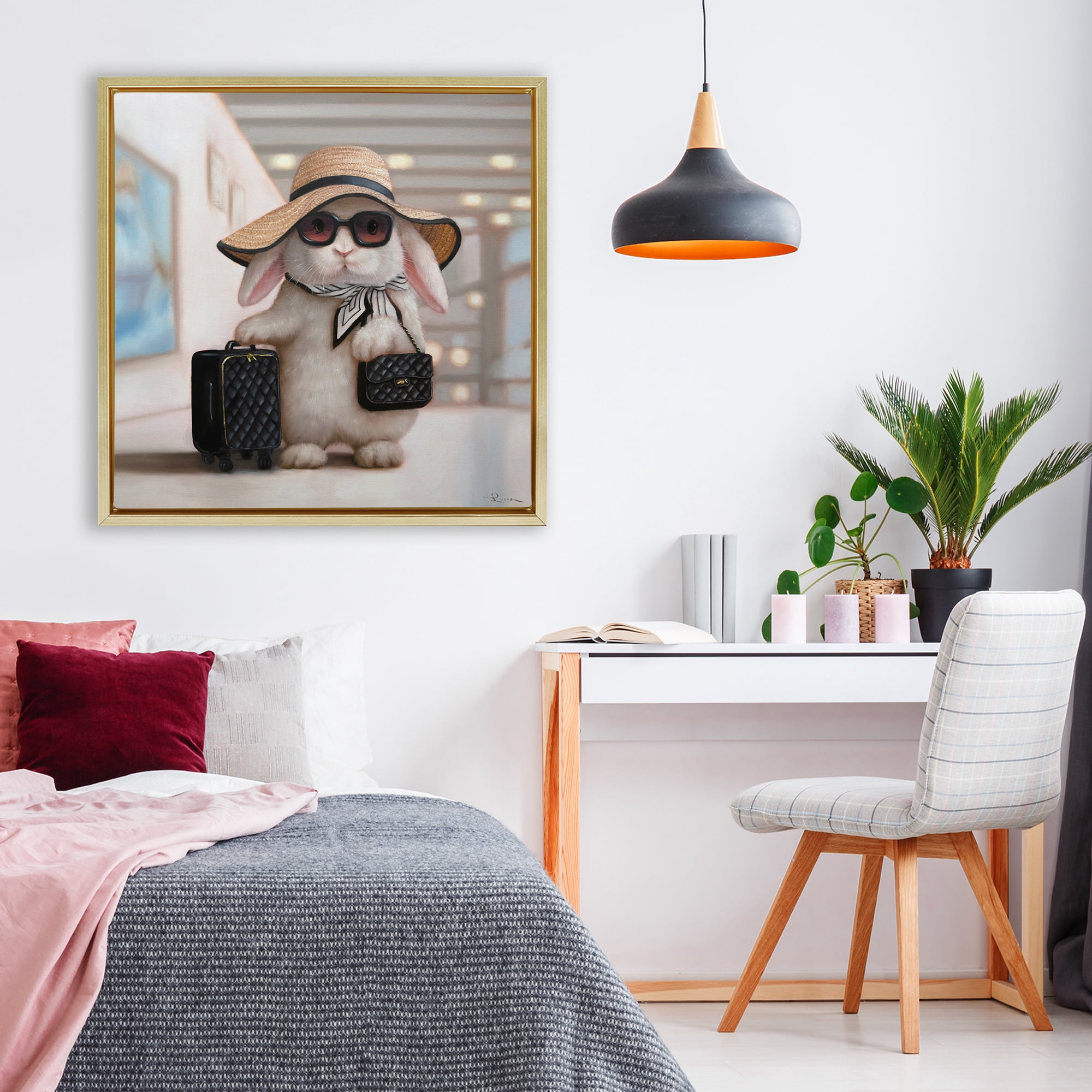 Stupell Industries Bun Voyage Traveling Rabbit Gold Framed Floater Canvas Wall Art, design by Lucia Heffernan