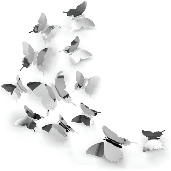 LAMIRO 36 Pieces Wall Stickers Butterfly Mirror Decoration 3D Wall Sticker,Wall Sticker For Girls Room Decor,Living Room Corridor Home Decoration,Silver