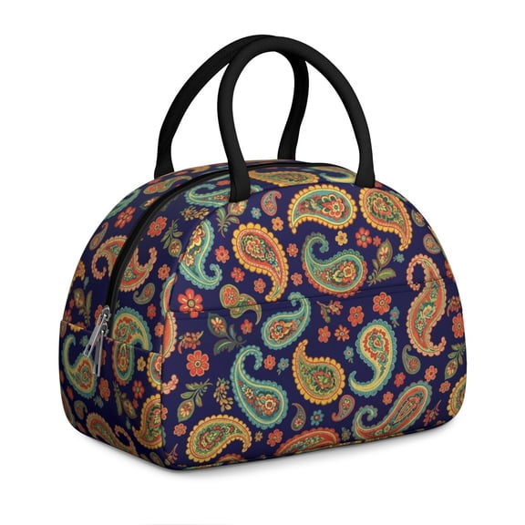 Paisley and Floral Black Pattern Insulated Lunch Bag,Leakproof Large Capacity Lunch Box for Work,Picnic or Travel,11.4 X 6.7 X 8.3 Inches