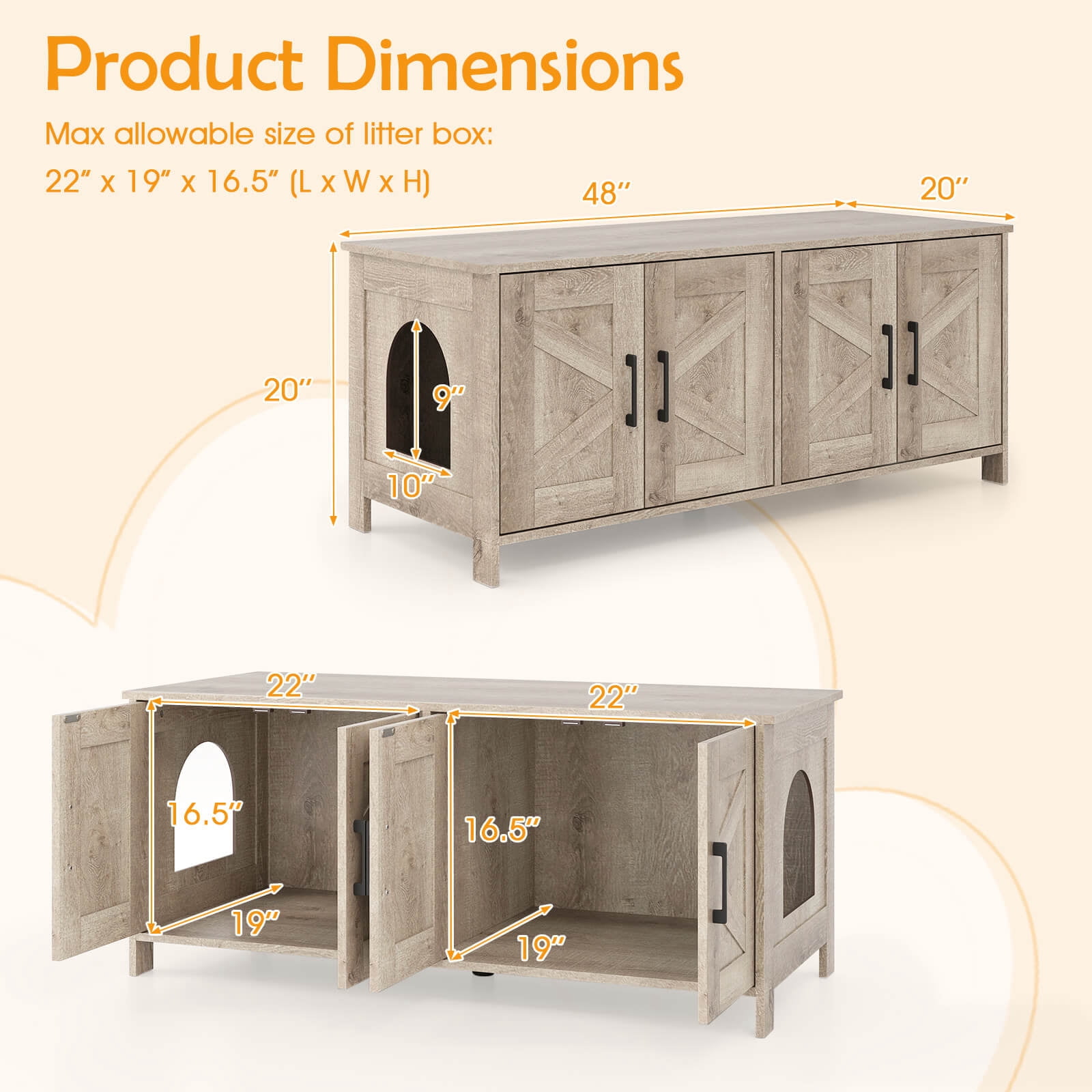 Infans Cat Litter Box Enclosure for 2 Cats w/ Double Rooms Wooden Cat Washroom Cabinet