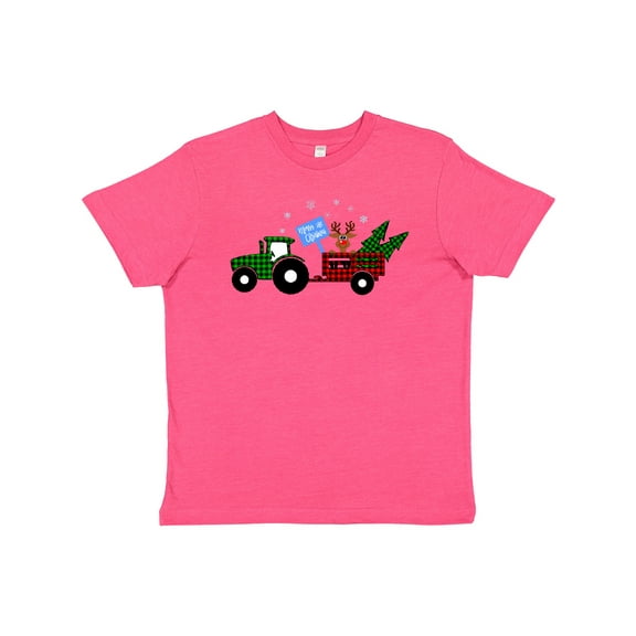 Inktastic Plaid Christmas Tractor With Cute Reindeer Youth T-Shirt