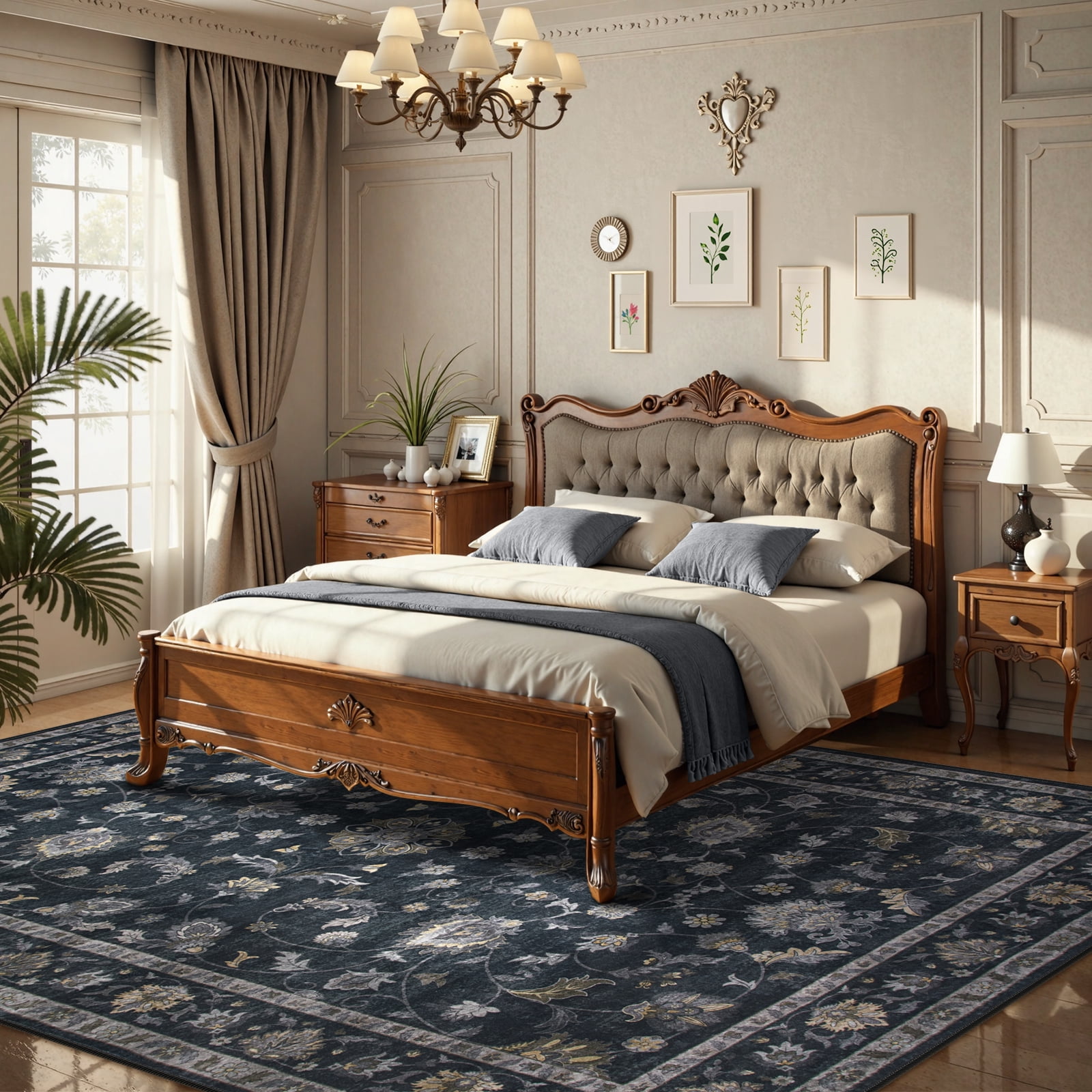 Lahome Decor Floral Area Rug 6'x9', Machine Washable Rugs for Living Room, Non Slip Rug with Vintage Printed, Low Pile Carpet for Bedroom Dining Room Home Office, Black