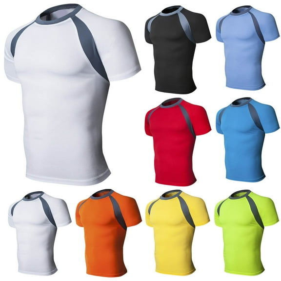 UVEASISHA Workout Compression Tshirts for Men Short Sleeve Gym Athletic Undershirt Color Block Muscle T Shirts Blue XXL