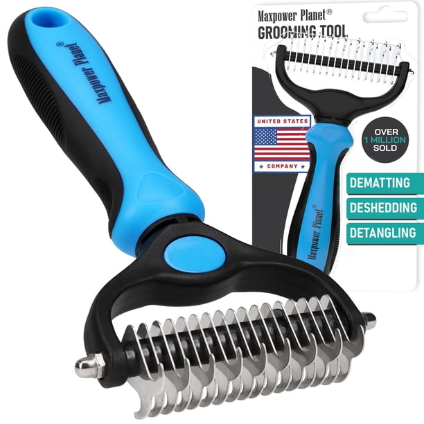 Rastrillo de aseo para mascotas Maxpower Planet de doble cara, color azul