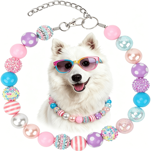 TELOLY Adjustable Bubblegum Dog Collar Necklace-Sparkly Candy Color Beaded Pet Collar Jewelry for Medium Large Dogs,Party Accessory for Dogs Birthday&Valentine’S Day Gifts(L,16.0"-19.0")