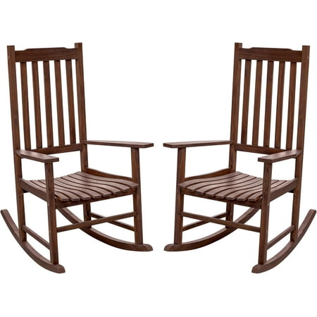 Flamaker Acacia Wood Patio Rocking Chair Set of 2, High Back and Widen Armrest for Adults, Solid Wood Porch Rocking Chair for Lawn, Garden, Backyard (Brown)
