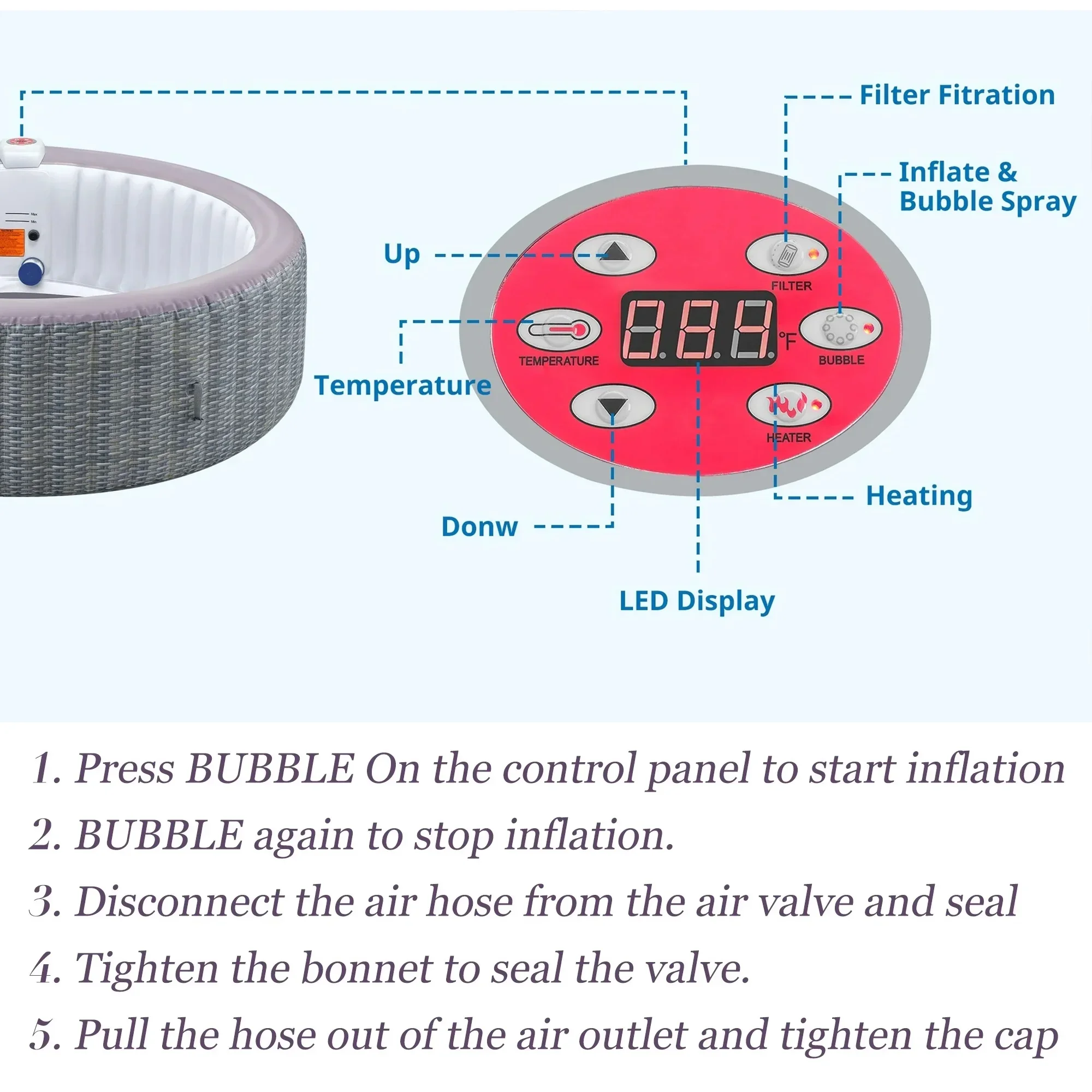 Portable Inflatable Hot Tub with Built-in Heating System - 264 Gallon Capacity, Massage Jet Home Hot Tub for Teens and Adults, Rattan Pattern