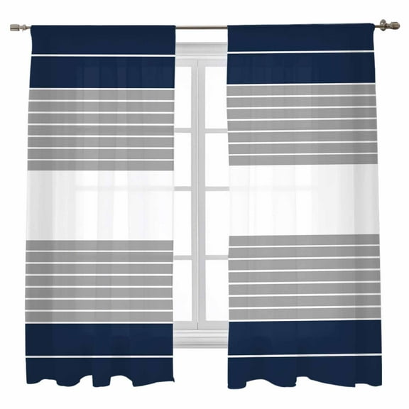 Sheer Curtains 72 inches Long, Navy Blue Gray Stripe Abstract Line Geometric Simple Light Filtering Sheer Window Curtains Rod Pocket Voile Drapes for Bedroom Living Room, 52"W x 72"L 2 Panels