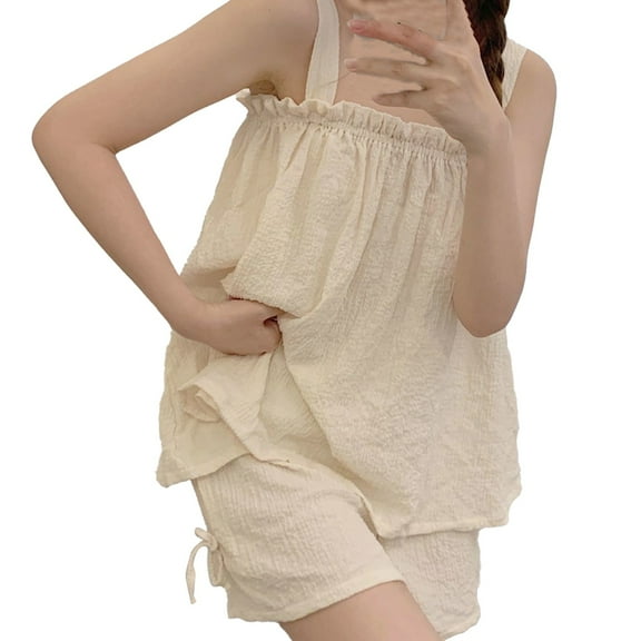 HCURIBAD Loose Fitting Tops,Pajama Set Women's Pajamas 2-Piece Casual Camisole Top Shorts Pajama Set,Lounge Set,Women's Sleepwear Beige L