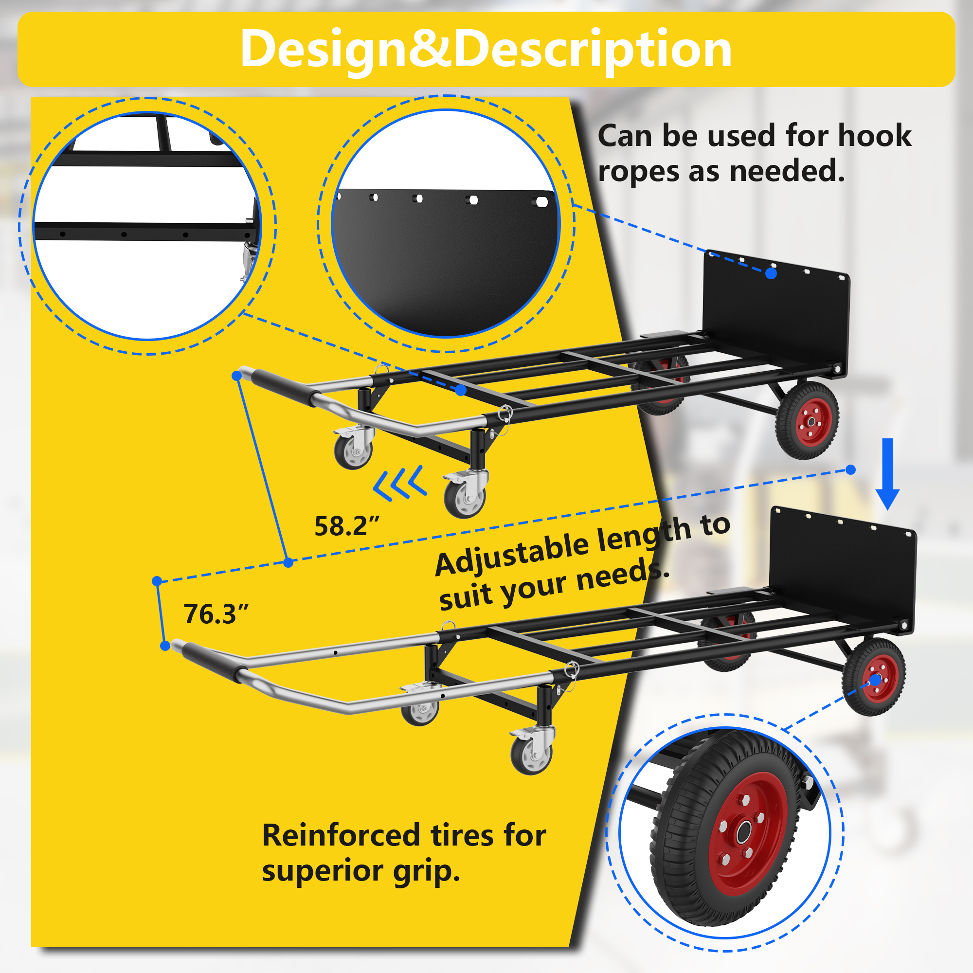 HOHYN 2 in 1 Convertible Hand Truck and Dolly, 800LBS – Heavy-Duty Moving Dolly Cart with 10" Flat Free Rubber Wheels & Handle