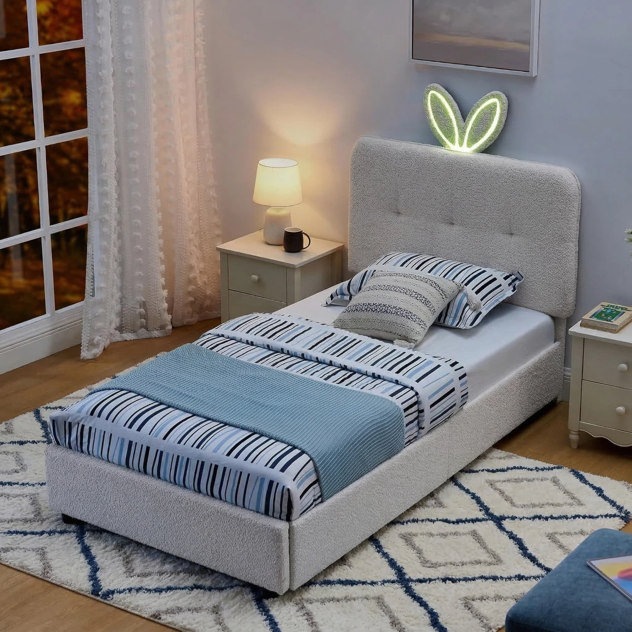 Aisword Twin Upholstered Bed Frame with 4 Storage Drawers & Rabbit Ear LED Headboard, No Box Spring Needed, Wooden Slats Support, Beige