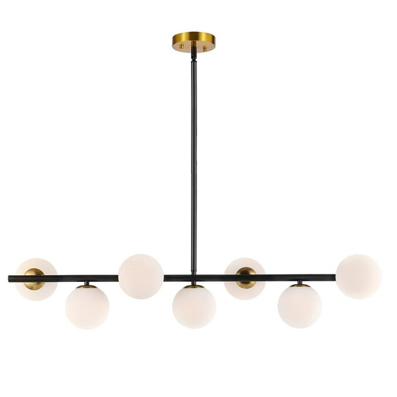 BAODEN 7 Lights Modern Sputnik Chandelier Globe White Glass Shade Linear Mid Century Farmhouse Pendant Light Fixture for Dining Kitchen Island Bedroom Lighting (Gold/Black)