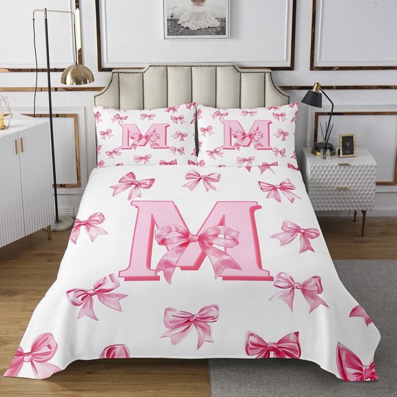Erosebridal Letter Quilt Sets for Queen Size Bed For Teens,Pink Bowknot Bed Set,Princess Room Decorative,Lightweight,3pcs