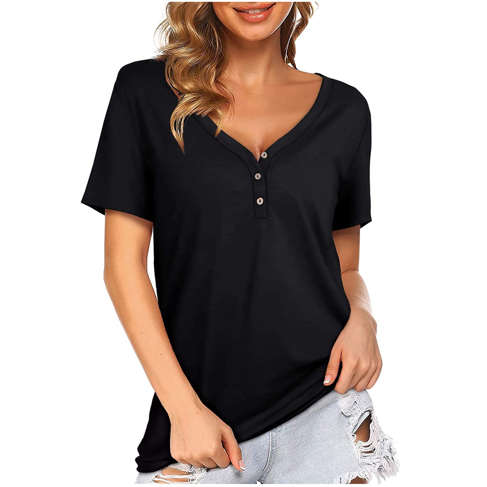 Women T-Shirts Casual Short Sleeve V Collar Shoulder Short Sleeve Top Blouse 