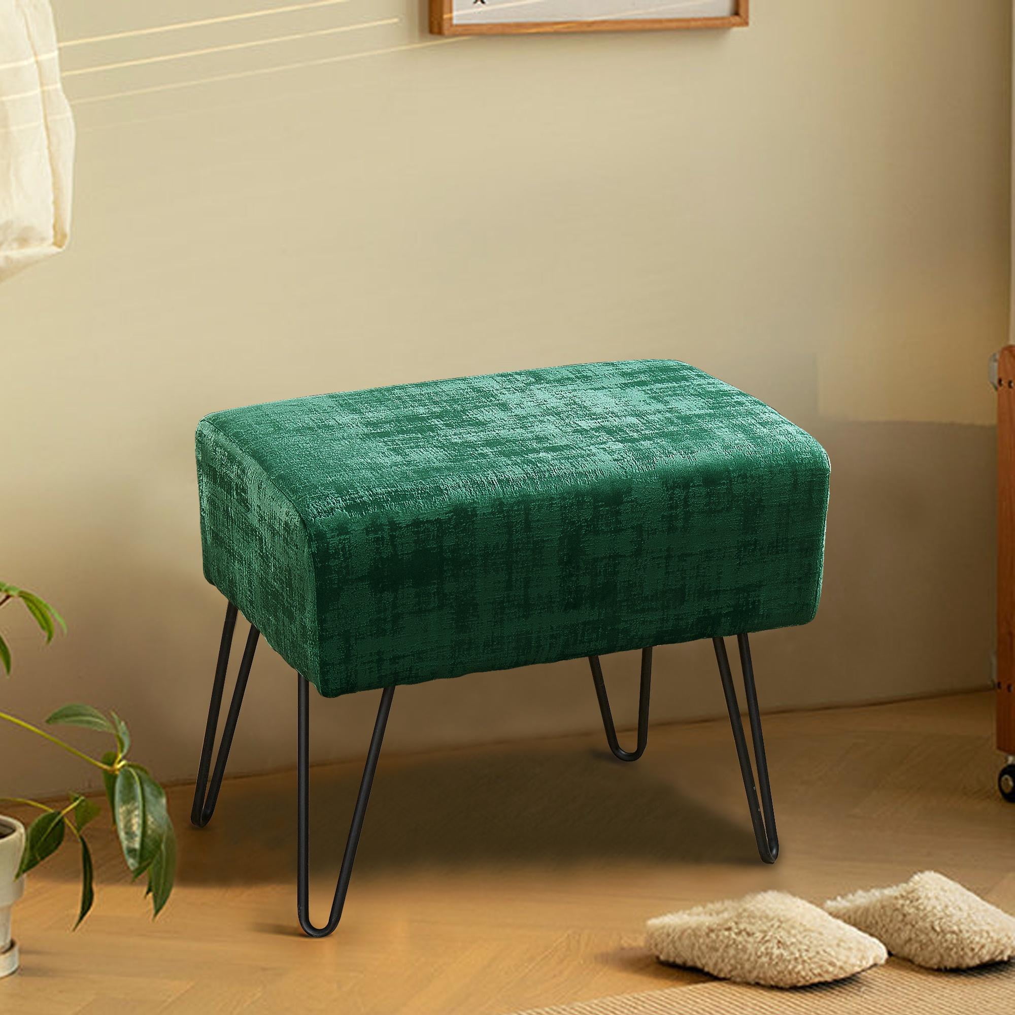 Home Soft Things Textured Velvet Ottoman Stool Chair, Upholstered Footrest with Black Metal Legs, Eden, 19" x 13" x 17"